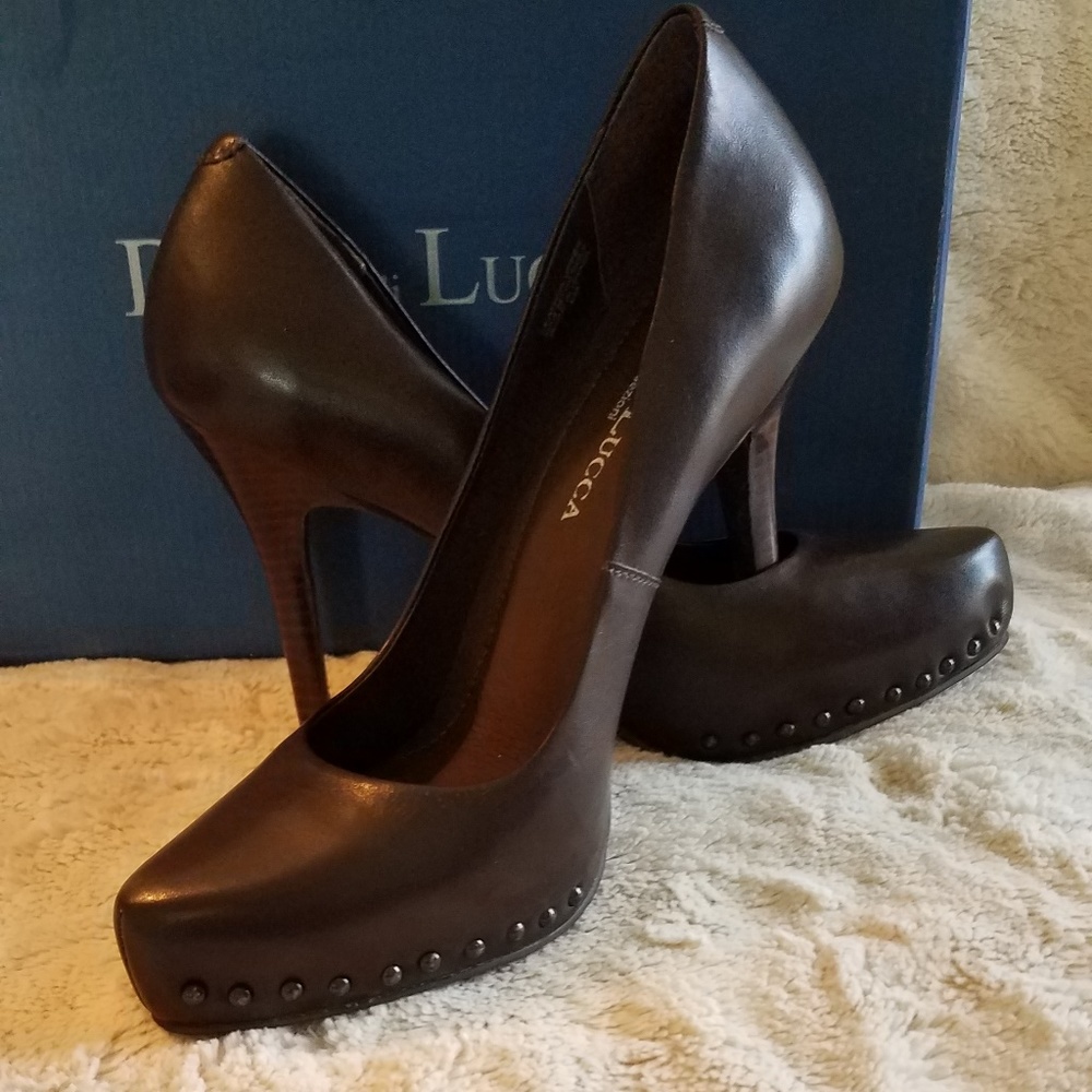 Brown Leather High Heels with Nailhead Accents